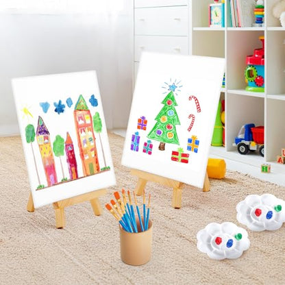 20 Pack Mini Canvas and Easel Set, 5.9 X 5.9 inch Small Painting Canvas Panel with Mini Easel, Mini Canvases with 10 Brushes & 5 Paint Tray,Art Canvases Painting Kit for Birthday Party Favors