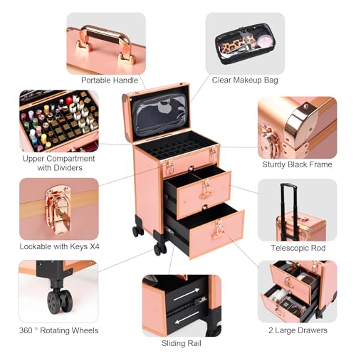 3 in 1 Rolling Makeup Case, Professional Cosmetology Case on Wheels, Detachable Clear Makeup Bag & Nail Polish Organizer, Portable Makeup Trolley with Drawers for Makeup Artists & Nail Technicians - color: Rose Golden