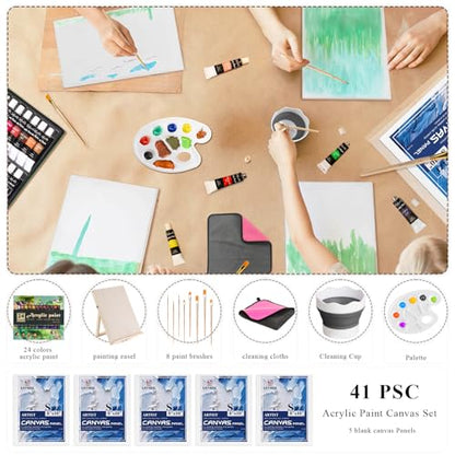 LEYEDZ 41PCS Acrylic Paint Set,Art Kit for Kids Adults Beginners | 24 Acrylic Paints,8 Brushes,5 Canvas Panels,Palette,Cup & Towel,Foldable Adjustable Table Easel for Home School Travel