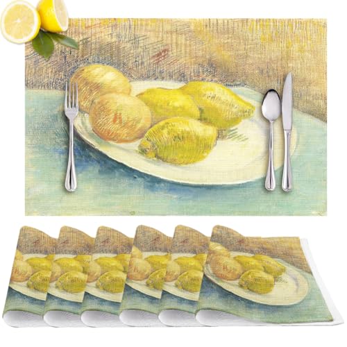 Lemon Fruit PVC Placemats Set of 6 by Vincent Oil Painting, Non-Slip Washable Vinyl Heat Resistant Durable Place Mat for Kitchen Dining Coffer Holiday Vintage Art Table Protection Decor - 18"x12" - color: Still Life Lemon Oil Painting