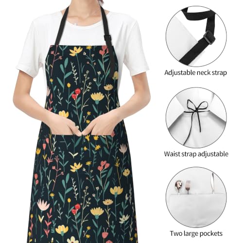 Cream Pastel Wildflower Art Waterproof Apron with Pockets | Garden Aprons for Men Women Adjustable Bib Apron for Cooking Kitchen Baking BBQ Painting Housework Oil Resistant - color: Effulgent Petal Tapestry