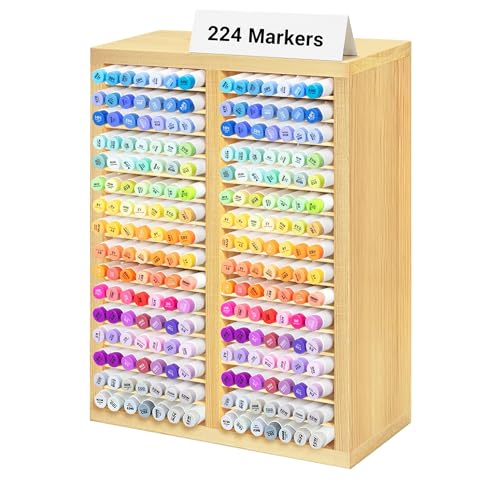 PROLEE Marker Organizer for 224 Markers,Wooden Marker Holder with 32 Slots, Pens Pencils Art Supply Alcohol Markers Storage Organizer for Desk Home Classroom Office Decor(Natural,15“x11”x5.2 “) - color: Natural, size: 224 Markers,15“x11”x5.2“
