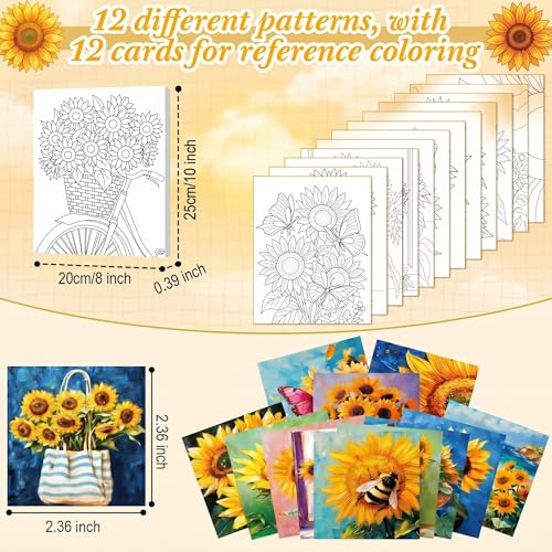 Engrowtic 12 Pcs 8 x 10'' Sunflower Flower Pre Drawn Canvas to Paint Pre Printed Sketched Canvas for Adult Ladies Paint Art Party Favor Board Set for Craft(Vivid Style) - style: Vivid Style