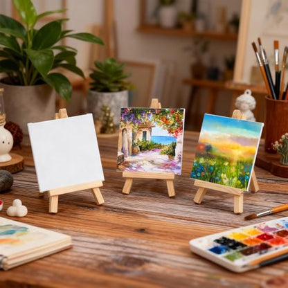 MotiMind 36 Pcs Mini Canvas and Easel Set for Painting, 4 x 4 Inch Canvas Panels with 6 Inch Wooden Easels for Oil Acrylic Painting Christmas Birthday Valentine's Mother's Day Art Crafts Party Favors - size: 4 x 4 Inch