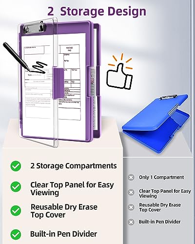 Clearview Clipboard with 2 Storage, Dry Erase 8.5x11 Heavy Duty ClipBoards - High Capacity Coaches Clip Board with Pen Holder - Side Opening Plastic Nursing Clip Case (Dark Purple) - color: Dark Purple