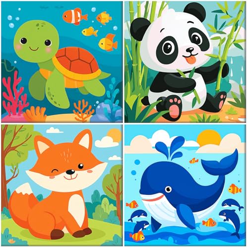 MAXBYE 4 Pack Paint by Number for Kids on Pre Drawn Canvas Boards, Cute Animals Color by Number Kids 8-12 with Brushes, DIY Easy Acrylic Oil Painting Arts and Crafts for Home Wall Decor 8x8 in - color: BK4ZH053