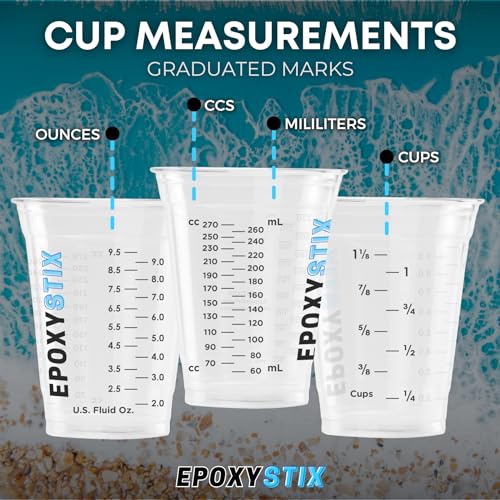 [50 Pack] 12oz Graduated Mixing Cups with 100 Mixing Sticks – 50 Flat Stir Sticks & 50 Paddle Stirrers – Clear Plastic Cups with oz/mL Markings – for Epoxy, Resin, Paint, and Crafts - size: 50 Count