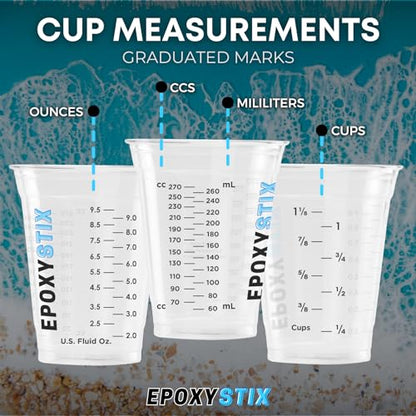 [100 Pack] 12oz Graduated Mixing Cups with 100 Mixing Sticks – 50 Flat Stir Sticks & 50 Paddle Stirrers – Clear Plastic Cups with oz/mL Markings – for Epoxy, Resin, Paint, and Crafts - size: 100 Count