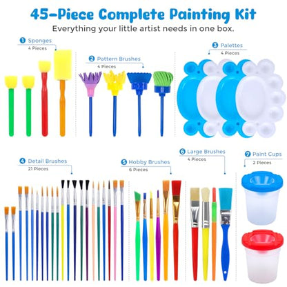 BigOtters Painting Brushes, 45PCS Kids All Purpose Paint Supplies Include Paint Cups with Lids Palette Tray Multi Sizes Brush for Children Gifts School Prizes Art Party