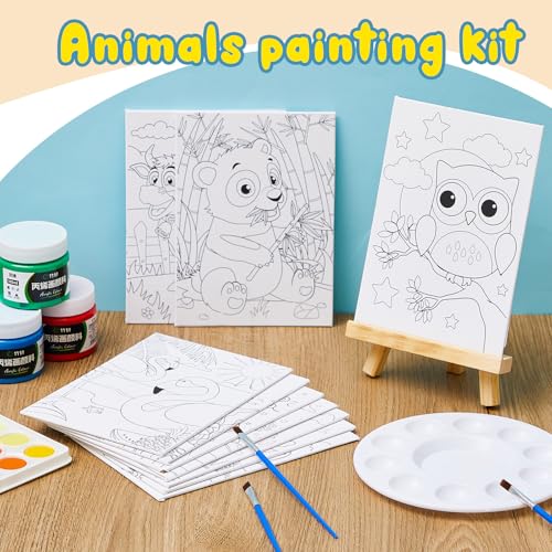 Ireer 84 Pcs 12 Sets Paint Party Kits Animal Pre Drawn Canvas, Wooden Easel, Paintbrushes, Palette, Acrylic Paints and Aprons, Pre Drawn Canvas to Paint for DIY Birthday Party Gift(5 x 7 Inches) - size: 5 x 7 Inches