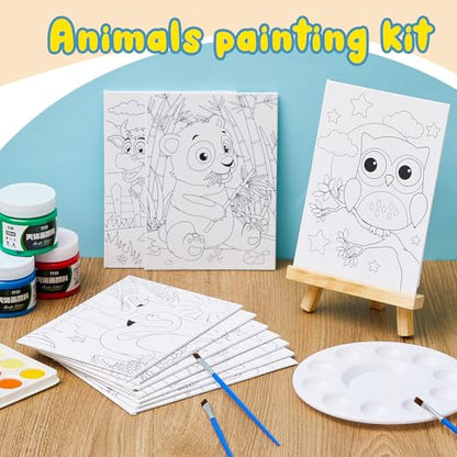 Ireer 84 Pcs 12 Sets Paint Party Kits Animal Pre Drawn Canvas, Wooden Easel, Paintbrushes, Palette, Acrylic Paints and Aprons, Pre Drawn Canvas to Paint for DIY Birthday Party Gift(5 x 7 Inches) - size: 5 x 7 Inches