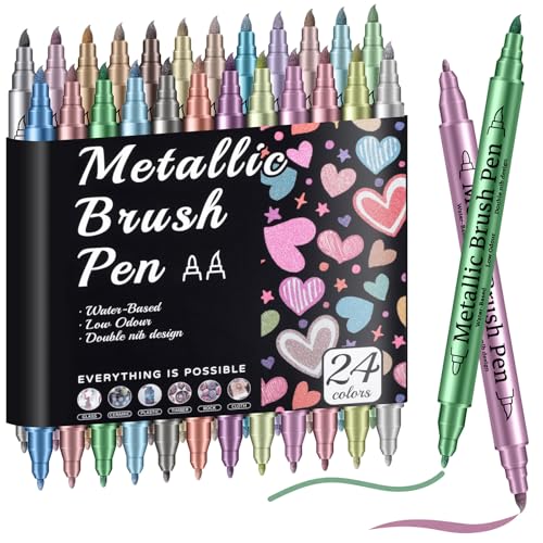 Prudiut 24 Pack Metallic Markers Set, Dual Tip Paint Pens for Crafts, Acrylic Markers for Black Paper & Rock Painting, Holiday Crafts & Valentine's Day Gift for Artist, Scrapbooking Supplies - color: 24 Colors(Dual Tip)