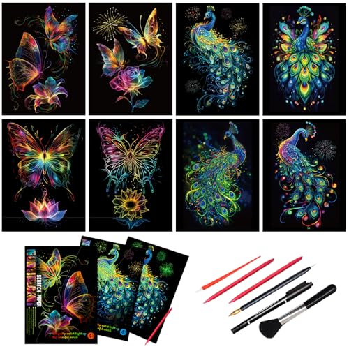 Scratch Art Paper for Adults, 8 Sheets 11.2 x 8.2 inches,Rainbow Scratch Art DIY Craft Gift 5 Paint by Scratch Tools （ Butterfly & Peacock） - style: Butterfly & Peacock