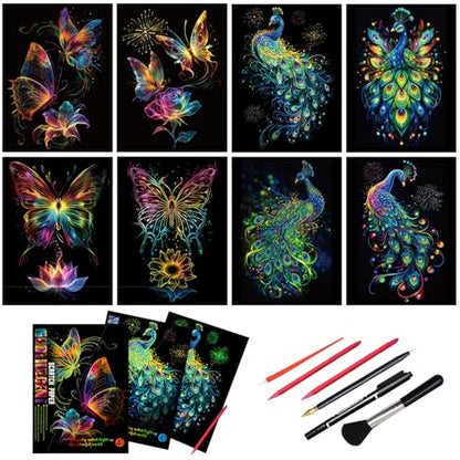 Scratch Art Paper for Adults, 8 Sheets 11.2 x 8.2 inches,Rainbow Scratch Art DIY Craft Gift 5 Paint by Scratch Tools （ Butterfly & Peacock） - style: Butterfly & Peacock