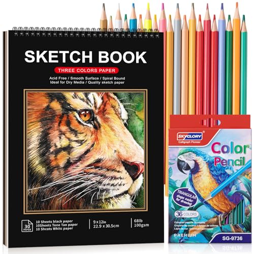 Drawing Sketchbook Kit, Sketch Book with 36 Color Pencils, Three Color Black Sketch Pad, Acid-Free Drawing Pad for Artist, Art Paper Painting Supplies for Gifts (9×12 inch) - size: 9x12 inch Kit