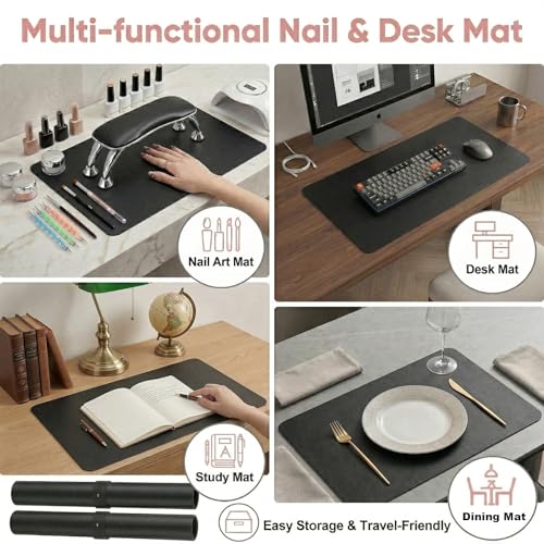 2 PCS Nail Art Table Mat, Soft Microfiber PU Leather Nail Pad, Foldable Nail Art Rest Pad, Reusable Nail Mat for Table Desk, Acrylic Nail Desk Mat for Nail Cushion (Black and Black) - color: Black and Black