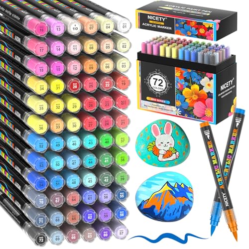 NICETY 72 Colors Acrylic Paint Markers for Rock Painting – Water-Based Paint Pens with Flexible Brush Tip (1–6mm) & Automatic Ink Control for Beginners, Kids & Adults – Wood, Canvas, Fabric & Glas - color: 72 Colors