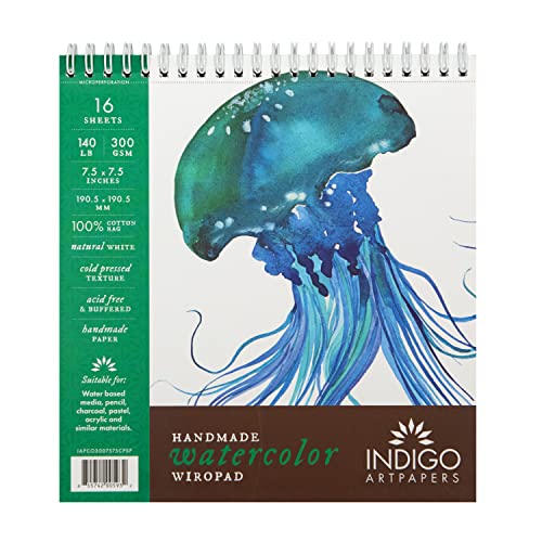 Indigo Artpapers Watercolor Paper Pad, 16 Sheets, 7.5x7.5 (140lb/300g) | Handmade 100% Cotton Rag, Cold Pressed Paint Paper, Acid-Free Water Color Paper Pad, Wirebound Watercolor Sketchbook Journal - size: 7.5 x 7.5, 16 Sheets