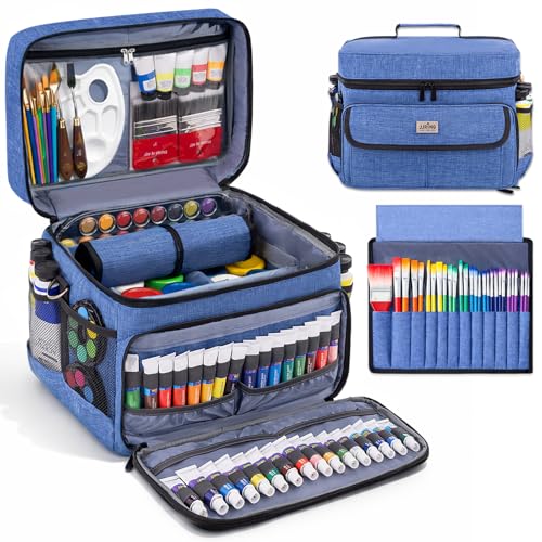 JJRING Versatile Acrylic Paint Organizer Bag With Adjustable Dividers For Multi-Size Bottles, Art Supply Storage Case Features 12-Slot Brush Holder & Clear Zipper Pocket, Travel Craft Tote(Blue) - color: Blue