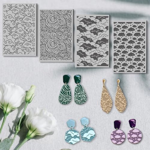4 Sheets Clouds Clay Texture Mat Clouds Polymer Clay Texture Sheets DIY Tools for Pottery Earring Jewelry Making Stamp Engraving Machines, 3.9x2.6inch - style: Clouds