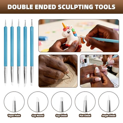 14 Pcs Pottery Clay Sculpt Tools, Silicone and Stainless Steel Squeegee with Detail Needle, Texture Needle, Cutting Cord, 5 Ceramic Double-Ended Pens for Sculpting Texturing Artists Modeling Potter