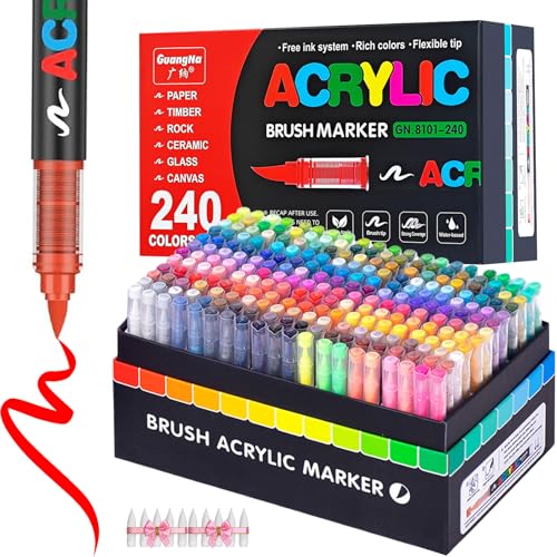KsopiaVobs 240 Color Acrylic Paint Pens, Soft Brush Tip Acrylic Paint Markers,Quick-Drying Waterproof Acrylic Marker for Canvas, Rock Painting, Wood, Stone, Glass, Ceramic, Fabric Painting, DIY Crafts - color: 240 Color