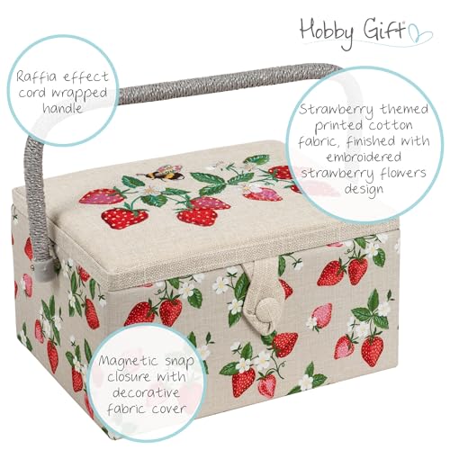 Hobby Gift Medium Sewing Box Organiser, Fabric Covered Storage Box with Handle, Internal Tray, Pin Cushion and Pocket for Sewing, Quilting and Knitting Supplies - color: Strawberries
