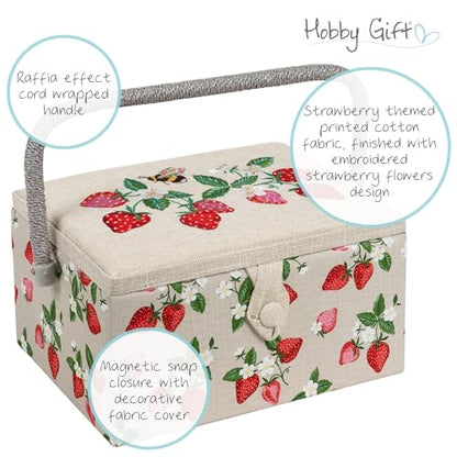 Hobby Gift Medium Sewing Box Organiser, Fabric Covered Storage Box with Handle, Internal Tray, Pin Cushion and Pocket for Sewing, Quilting and Knitting Supplies - color: Strawberries