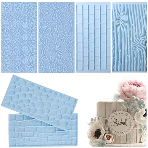 JOERSH 6 Pack Fondant Texture Mats Wood Grain Brick Castle Wall Cobblestone Texture Design Mold Fondant Molds for Clay, Chocolate, Fondant Cake Embossed Impression Sheets