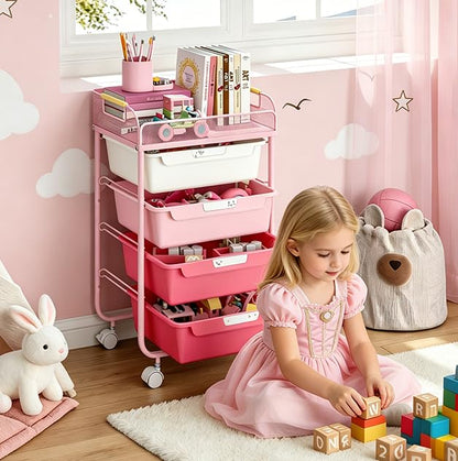 SYKIARIOL 4-Drawer Rolling Storage Cart with Mesh Top, Utility Craft Organizer Cart on Wheels with DIY Labels, Rolling Drawer Cart for Home Office Classroom Bedroom, Rose Pink - color: Pink