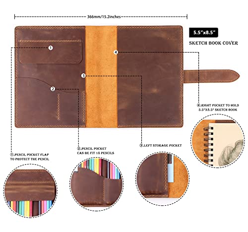 Robrasim Handmade Leather Sketchbook Cover, Leather Artist Sketch Pad Cover for 5.5" x 8.5" Sketchbook, Drawing Book and Pencil Case, Journal Notebook Portfolio, Artis Gifts-Brown - color: Brown