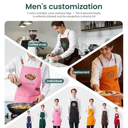 Personalized Waterproof Canvas Apron Custom Logo - Heavy Duty Cross Back 4 Pockets for Men Women Chef Barista - color: Yellow