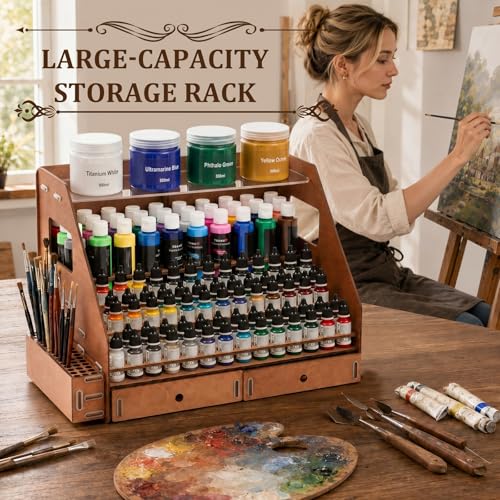 Colingmill 128 Holes Wooden Paint Organizer with Acrylic Storage Shelf 26 Brush Slots, 6 Drying Slots 2 Miniature Paint Handles 2 Drawers for Miniature Paints Storage 2oz and 17ml Bottles