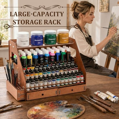 Colingmill 128 Holes Wooden Paint Organizer with Acrylic Storage Shelf 26 Brush Slots, 6 Drying Slots 2 Miniature Paint Handles 2 Drawers for Miniature Paints Storage 2oz and 17ml Bottles