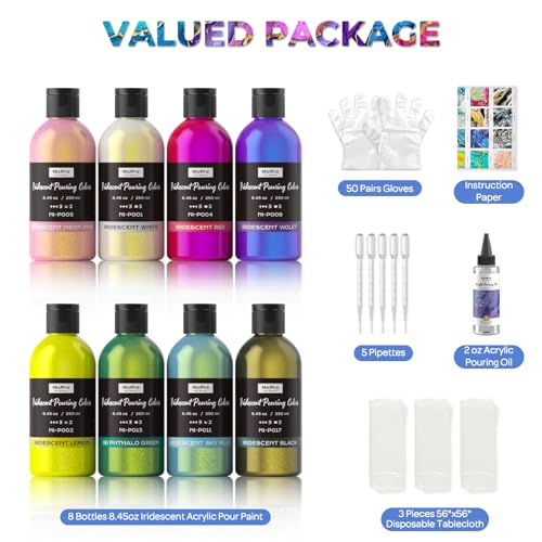 Nicpro 8 Colors Iridescent Metallic Acrylic Pour Paint Supplies Kit 8.45oz | Large Ready to Pour Premixed High Flow Pouring Paint Set with Silicone Pouring Oil, Gloves, Instructions for Beginner DIY - color: 8 Colors