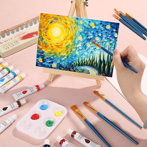 ESRICH 26 PCS Acrylic Paint Set with 12 Colors Acrylic Paints (12ml, 0.4 oz), 10 Paint Brushes, 2 Canvas, 1 Wood Easel, 1 Plate, Painting Supplies Kits for Kids, Adults, Artists and Beginners - color: 12 Color