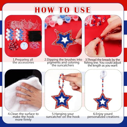 WinnerWhy 30 Sets 4th of July Crafts Bulk, Patriotic 250th Anniversary Stained Glass Sun Catcher Art Kits for Memorial Day Home Party Project Activities Hanging Ornaments - style: 4th of July