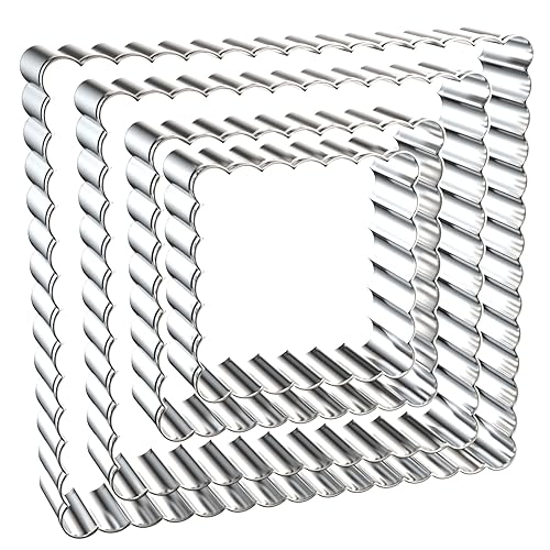 Scalloped Square Cookie Cutter Set - 5 Inch, 4 Inch, 3 Inch, 2 Inch - Fluted Edge Wavy Square Plaque Cookie Cutters Shapes Biscuit Molds - Stainless Steel - style: Square