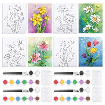 4 Pack Sip and Paint Kit, Pre Drawn Canvas for Painting for Adults Pre Printed Canvas to Paint Party Supplies Girls Night Games Date Night Art Set Flower Theme 12x16 in - size: 12x16, style: style 9