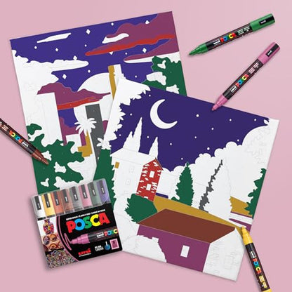 POSCA Canvas Paint by Number Kit, Night City Skies - 8 Acrylic Markers with 2 Pre-Drawn Canvases - Gift Set for Artists, Adults and Kids - color: Night City Skies