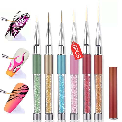 6Pcs Rhinestone Handle Ultra-Fine Nail Liner Brush Set - Professional Striping Brushes for Intricate Nail Art, Multi-Color Crystal Handle Gel Polish Liner Brushes for Salon & DIY Manicure Detailing - color: 6PCS Liner Brush