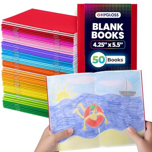Hygloss Blank Books - Bulk 50 Pack – 4.25" x 5.5" A6 Assorted Colors – Paperback Blank Books for Kids to Write Stories, Doodle Art – Plain Drawing Sketchbook, Unlined Journal, Notebook Without Lines - color: Assorted Colors, style: 50 Books