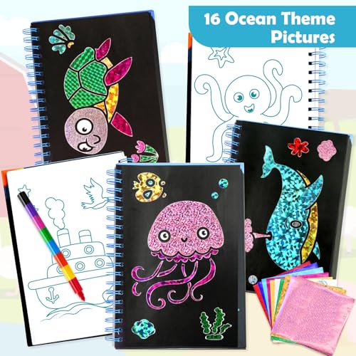 FUNNYB&G Foil Art Craft Kit for Kids 4-10 Years Old: Mess-Free & No-Glue, Create 16 Sparkly Ocean Pictures – Perfect Travel Toy & Birthday Gift for Kids (Ocean) - style: Ocean