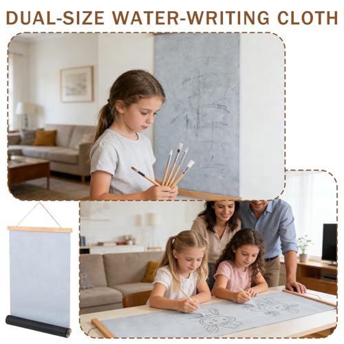 2 Pieces Kids Magic Water Drawing Poster, Reusable Mess-Free Water Doodle Mat with Teak Wood Frame, Large Water Painting Cloths Included, Educational Art Toy Gift for Toddlers Boys & Girls