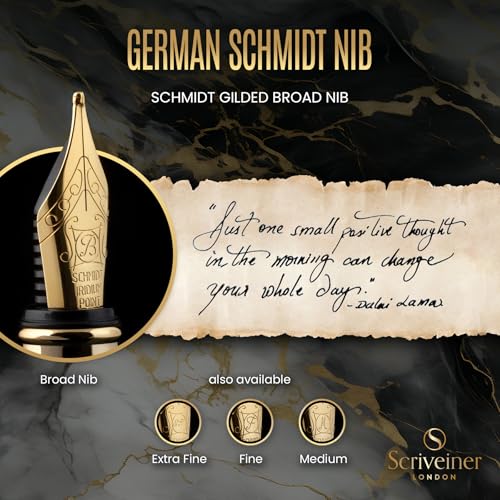 Scriveiner Luxury Fountain Pen - Stunning Black Lacquer Pen, Real Gold Finish, Schmidt Gilded Nib (Broad), Converter, Best Pen Gift Set for Men & Women, Professional, Executive, Office, Nice Pens - color: 1. Black with Gold, style: Broad Nib