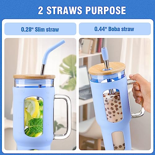 WINSA Glass Tumbler with Lid and Straw, 46 oz Iced Coffee Cup with Handle, Large Water Bottles with Silicone Sleeve, Glass Cup with Straws - Pearl Straw & Drinking Straw BPA Free-Glacier - color: Glacier, size: 46 Ounces