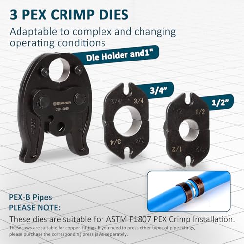 ZUPPER Mini Press Tool Pressing Kits Set | with 3 PEX Crimp Dies F1807 1/2” 3/4“ 1” 18V Brushless Motor 2pcs 2Ah Battery Domestic and Industrial - size: 3 PEX Dies (1/2", 3/4", 1")