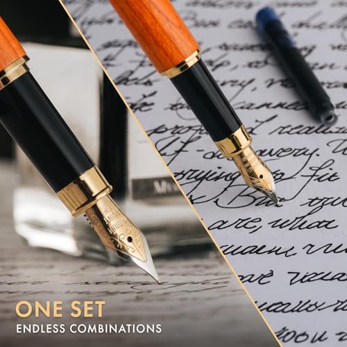 Wordsworth & Black Fountain Pen Set, Luxury Bamboo Wood - Medium Nib, Extra Fine Nib, Gift Case; 25ML Black Ink Bottle, 6 Ink Cartridges, Refill Converter - Calligraphy, Writing [Cherry Wood] - color: Cherry Wood