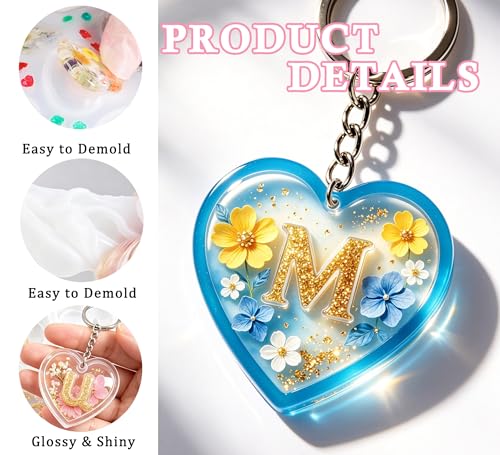 GEOCCI Keychain Resin Molds, 27 Cavities Heart-Shaped Alphabet Resin Mold Kit for Keychain, Pet Tag, Crafts Making（Silicone Products with Holes）