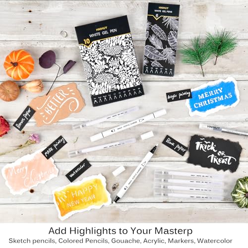 White Acrylic Ink Pens for Drawing, Fine Point White Gel Pens, Fine, Round & Brush Tip Opaque Acrylic Markers for Black Paper Drawing, Sketching, Illustration, Card Making, Set of 10 - size: 10